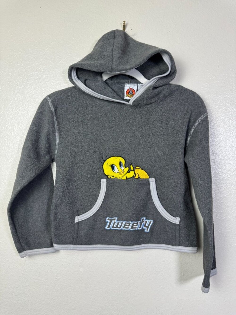 Vintage Looney Tunes Tweety Bird Gray Fleece Hooded Sweatshirt Kids Small